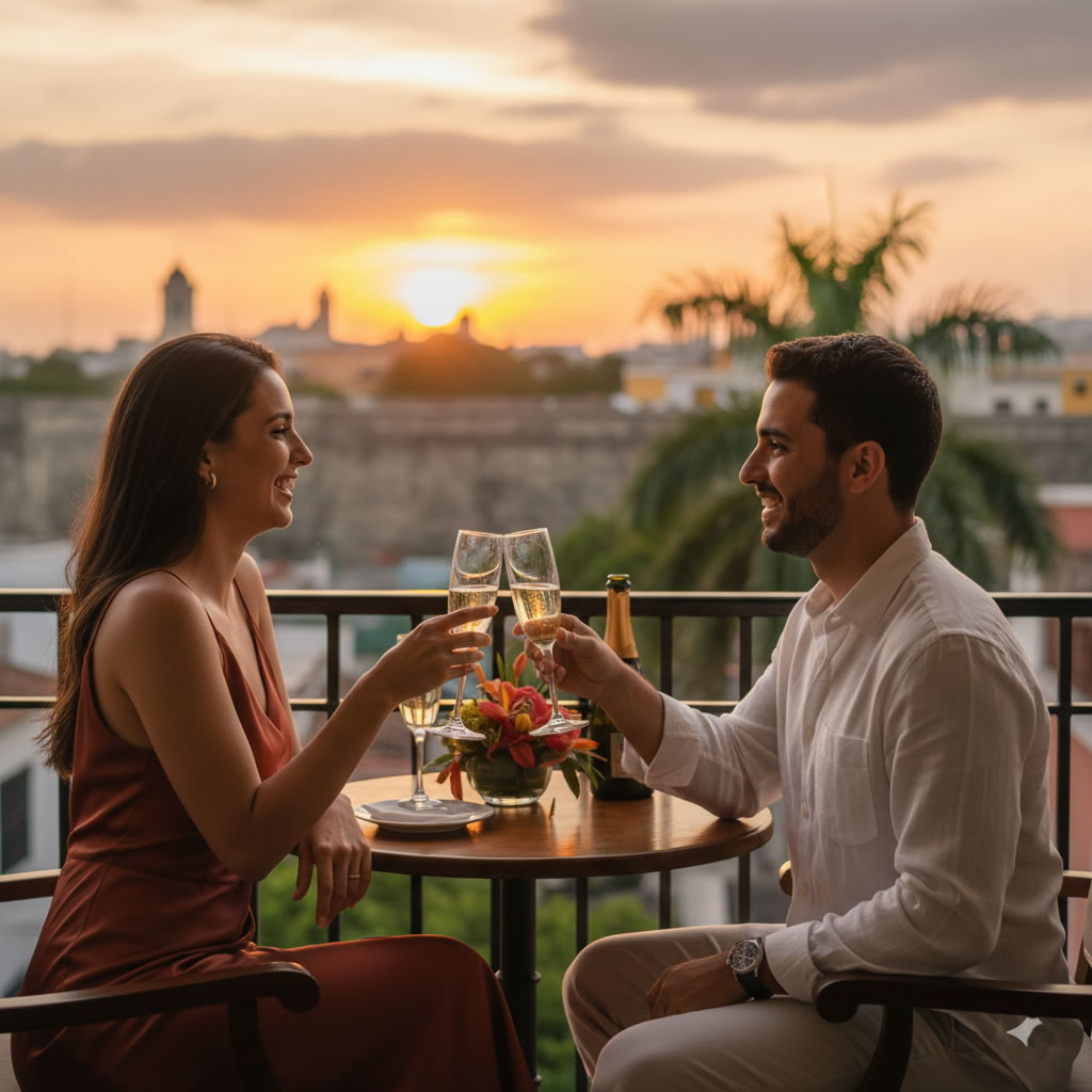 Pareja joven elegante en el balcon al atardecer